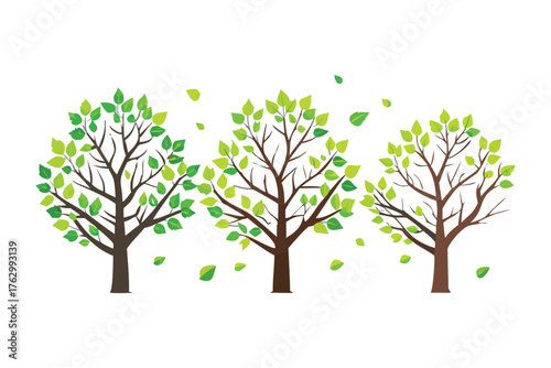 The Whispering Trees: A serene depiction of three stylized trees, their branches laden with vibrant green leaves, as a gentle breeze scatters fallen leaves. A symbol of harmony and tranquility.