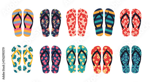 Colorful Flip Flops Collection with Various Patterns and Designs.