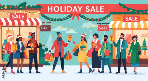 Vector Christmas Shopping Crowd Illustration in Modern Style with Holiday Sale Banners and Festive Decorations