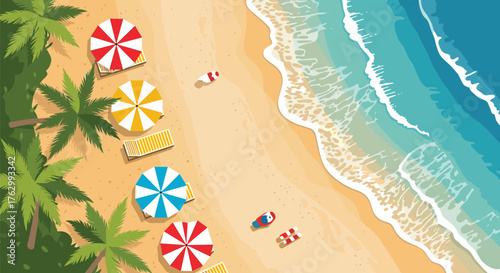 Beach scene with colorful umbrellas and relaxing vacationers.