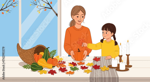 Vector Illustration of Family Preparing Autumn Decorations in Modern Style with Pumpkins Leaves Candles and Candlestick Holders