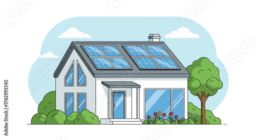 Modern House Vector Illustration with Solar Panels and Greenery in Minimalist Style
