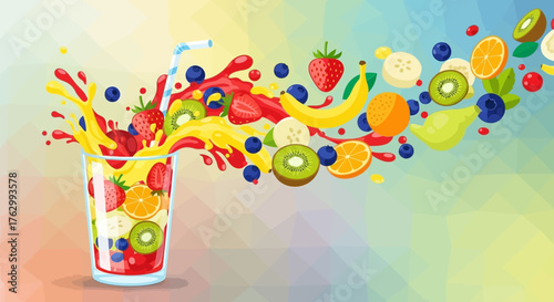 Vector Illustration of Fruit Splash with Mixed Fruits in Modern Style in Bright Color Palette