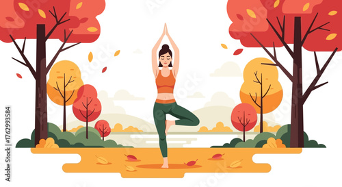 Vector Illustration of Woman Practicing Yoga in Autumn Park in Minimalist Style with Warm Orange Red and Green Colors