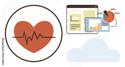 Heart with heartbeat line, data dashboards, pie chart, and cloud. Ideal for healthcare, data analysis, cloud computing, wellness technology digital health fitness tracking medical research. Simple