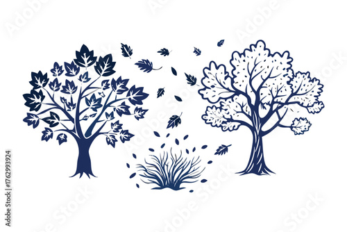 Autumnal Breeze: A serene artistic illustration depicts two majestic trees gracefully shedding their leaves, creating a beautiful display in the gentle breeze.
