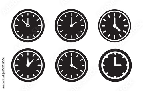 Free Download Black Clock icon set. Vector Time and Clock icons set. Horizontal set of analog clock icon symbol. Vector Illustration - GFXLoad