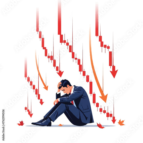 Businessman showing financial down with chart and down ward arrow