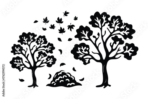 Autumn Breeze: Silhouette of trees shedding leaves, evoking a sense of the seasonal change.