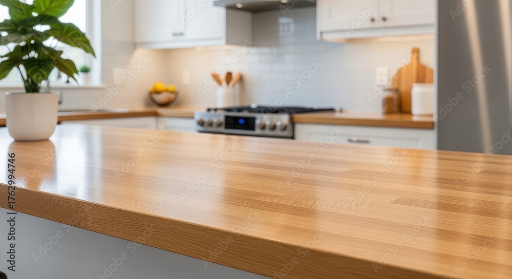 Fototapeta premium Contemporary kitchen interior featuring wooden countertops and sleek appliances, kitchen remodel ideas