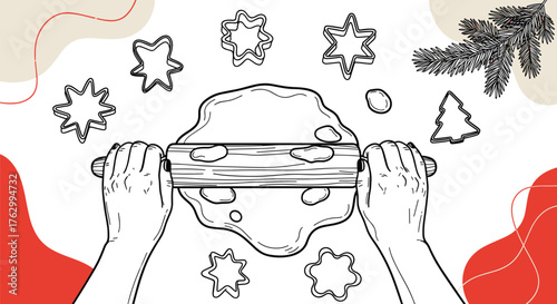 Hands rolling out cookie dough with festive cutters nearby.