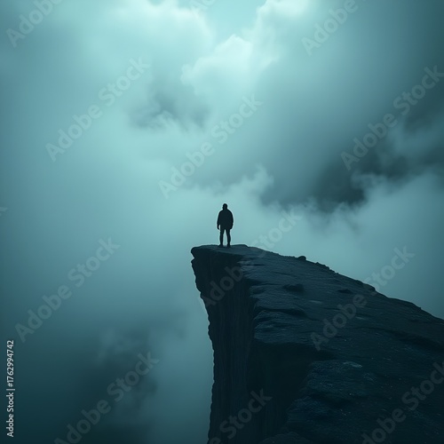 a person standing at the edge of a cliff looking into swirling black mist