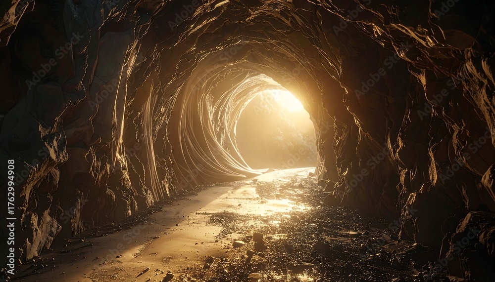 Fototapeta premium A tunnel's illuminated end. Sunlight streams through the opening