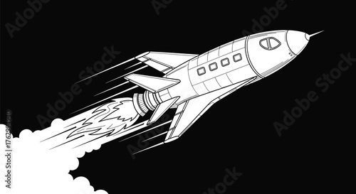 Vintage Rocket Launching into Space with Smoke Trail.