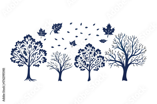Autumn Trees: A stylized illustration presents a collection of trees during the autumn, with falling leaves scattered. The artwork captures the changing seasons. 