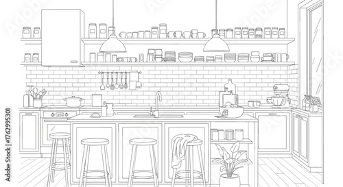 Modern Kitchen Island with Stools and Appliances Sketch.