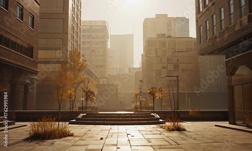 Urban landscape featuring a plaza with benches and trees surrounded by tall buildings in hazy sunlight