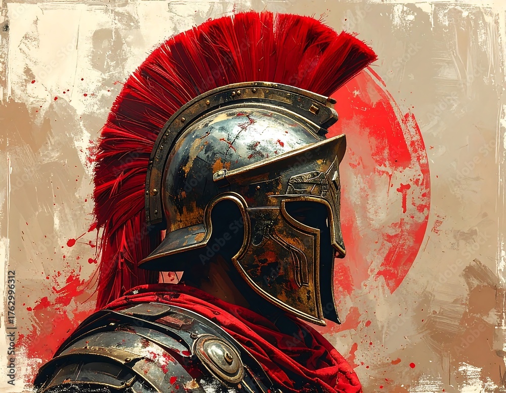 Obraz premium Roman helmet profile, red plume, textured