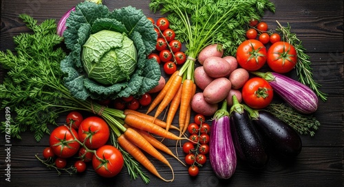 Fresh garden vegetables including cabbage, carrots, tomatoes, potatoes, and eggplant on wood