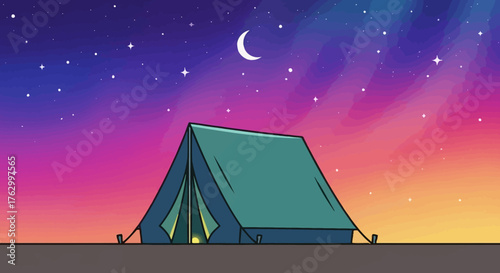 Vector Illustration of Camping Tent Under Night Sky in Vibrant Gradient Colors in Modern Artistic Style