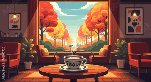 Vector Illustration of Cozy Cafe Interior with Autumn View in Modern Style Featuring Warm Colors and Symmetrical Composition