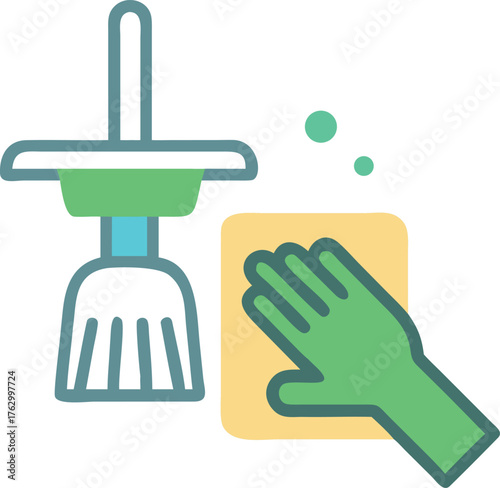 Icon of cleaning supplies includes a mop and a gloved hand wiping with a sponge. Bubbles above convey tidiness and sanitation on a white background.
