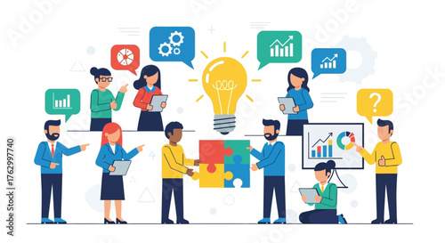 Vector Illustration of Business Team Collaboration with Lightbulb and Puzzle Pieces in Modern Flat Style with Bright Colors