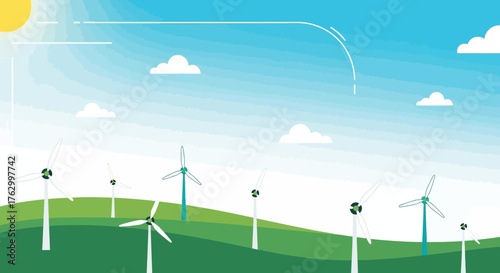 Vector Illustration of Wind Turbines on Green Hills in Modern Minimalist Style with Blue Sky and Sun Colors