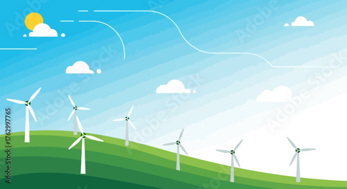 Vector Illustration of Wind Turbines on Green Hills in Modern Style with Blue Sky and Clouds