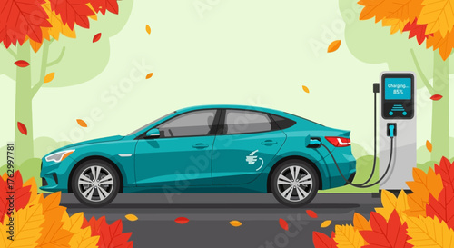 Modern Vector Illustration of Electric Sedan Car Charging Station with Autumn Tree Background in Flat Style