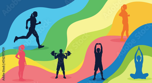 Vector Illustration of People Engaged in Fitness and Yoga Activities in Colorful Abstract Background in Modern Minimalist Style