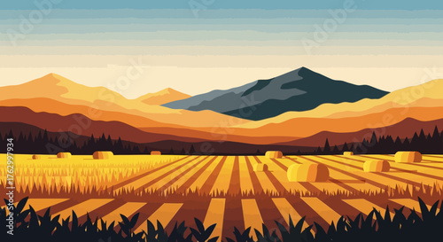 Vector Landscape Illustration of Mountain Range and Harvest Field in Modern Geometric Style with Warm Autumn Colors
