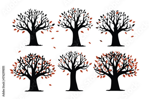 Stylized Silhouette Trees: Artistic tree silhouettes, with delicate branches and scattered leaves, create a scene of subtle beauty and graceful form. 
