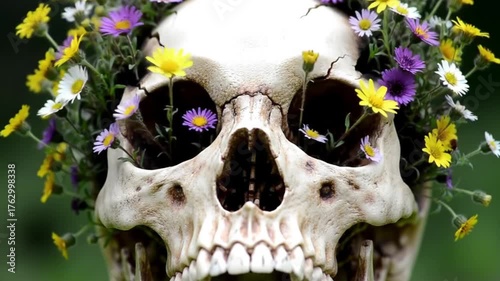 A skull adorned with colorful wildflowers, symbolizing life and death and a touch of the macabre. The flowers bloom, creating a poignant contrast with the human skull