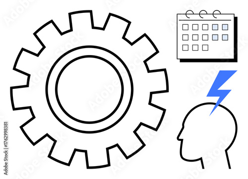 Gear, calendar, and lightning bolt above human head symbolizing productivity, innovation, and planning. Ideal for management, engineering, brainstorming, organization scheduling creativity