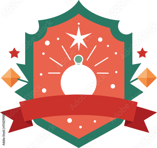 A green and red shield emblem with a central white ornament and starburst design. Red banner at the bottom and stars beside orange gems create a festive tone.