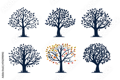 Six Tree Silhouettes: A collection of six elegant tree silhouettes, showcasing the diverse forms and beauty of nature in various seasons.