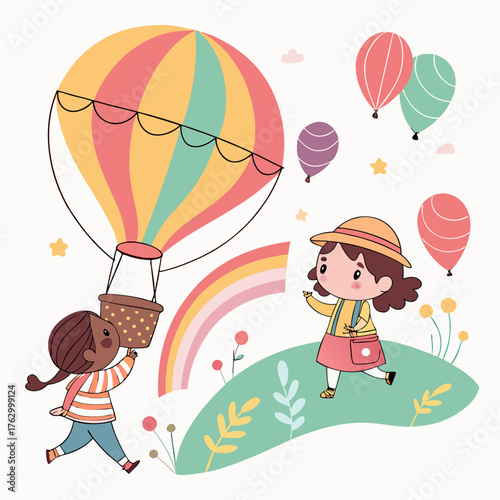 Two Girls Playing Near a Hot Air Balloon and Rainbow
