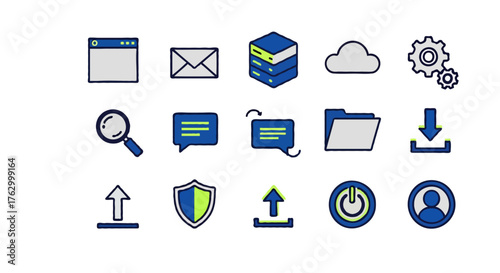 A minimal flat icon pack featuring digital communication, cloud, and security concepts. Ideal for websites, apps, and infographics.
