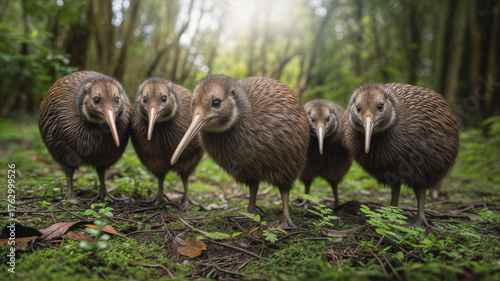 A group of curious kiwis in their natural habitat looking at a camera. Wingless birds. Native to New Zealand.
