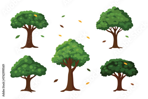 Forest's Verdant Embrace: A collection of various trees, each adorned with lush, green foliage, stand tall amidst a scattering of golden leaves, forming a symbol of nature's beauty and vitality.