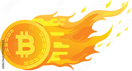 Gold bitcoin with a Bitcoin symbol on it, depicted as a meteor with bright orange flames trailing behind, suggesting rapid movement and energy.