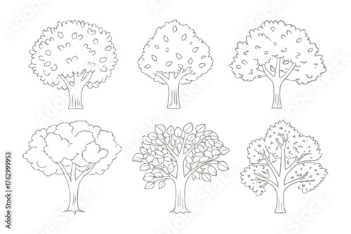 Artistic Line Trees Collection: An array of stylized tree illustrations showcasing a variety of shapes and forms, perfect for design and creative projects.