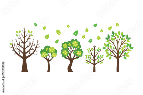 Nature's Embrace: A vibrant scene showcases a diverse collection of trees, each standing tall with lush green foliage, while scattered leaves dance freely in the air.