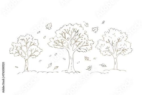 Autumnal Sketch: A simple sketch captures the essence of autumn. Three trees stand in silhouette as leaves gently fall. A scene of quiet reflection on the change of season.