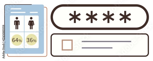 Gender statistics chart with 64 male and 36 female, password field with masked characters, and a checkbox. Ideal for demographics, security, surveys, data privacy, analytics, research and equality