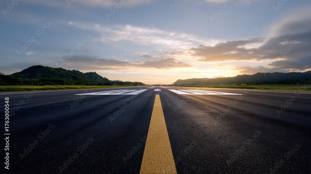 Naklejka premium Realistic and Illuminated Airport Runway at Dawn with Mountainous Background and Soft Clouds Reflecting the Early Morning Light