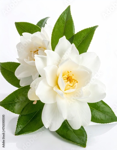 Elegant White Gardenia Blooms with Lush Green Leaves.