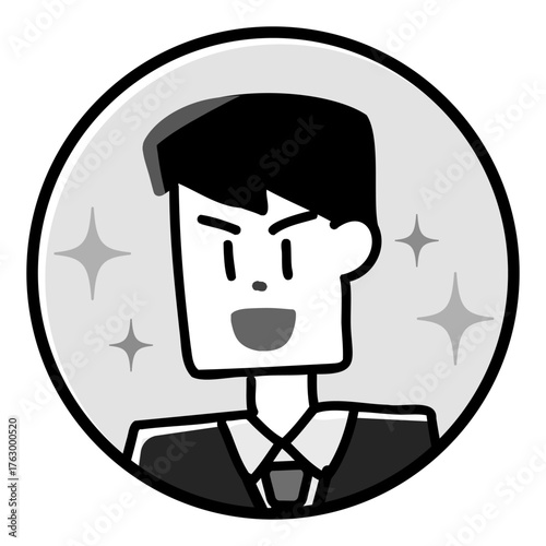 スーツ姿で微笑む若い男性を描いたビジネス向け手描きスタイルの丸型アイコン素材
