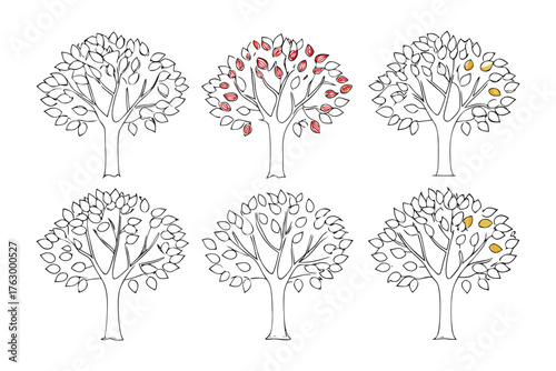 A Tree Collection : a creative illustration with multiple trees in varying states with leaves in a sequence showcasing the cycles of nature.